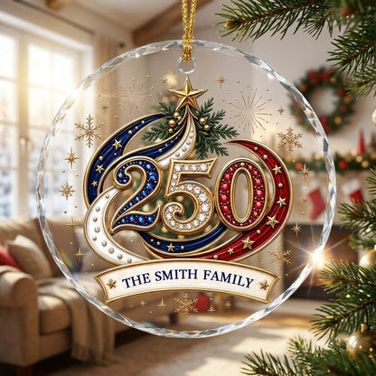 Personalized 250th Anniversary Patriotic Bauble Round Glass Ornament