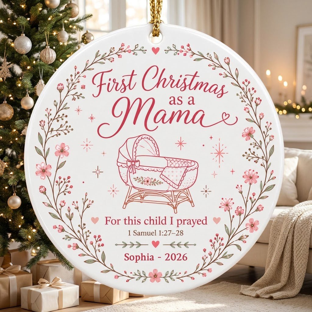 Round ceramic ornament with pink floral wreath, baby bassinet line art, stars, and First Christmas as a Mama.