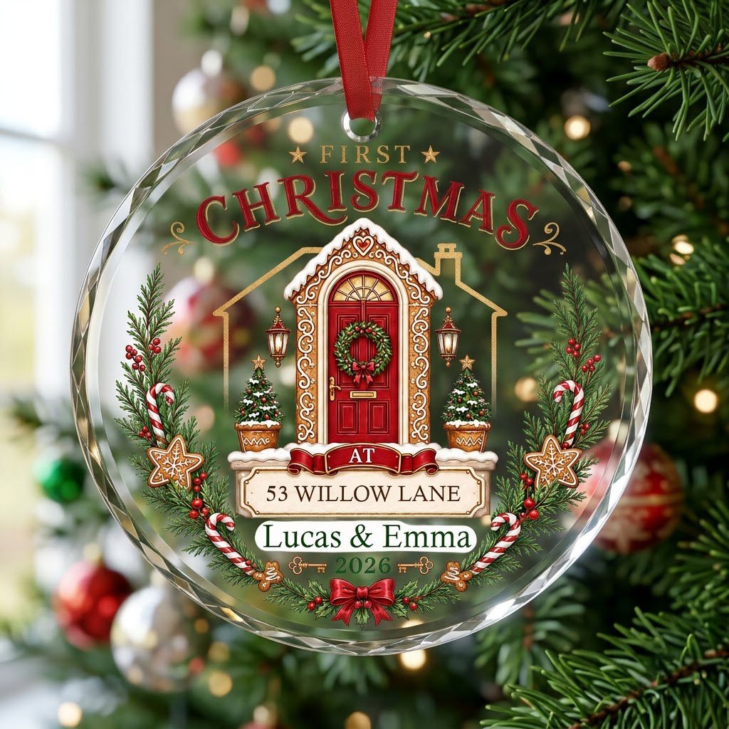 Personalized First Christmas at New Home Gingerbread Door Round Glass Ornament