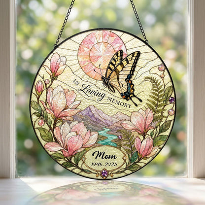Personalized Butterfly Magnolia Sunset Landscape In Loving Memory Stained Glass Round Suncatcher