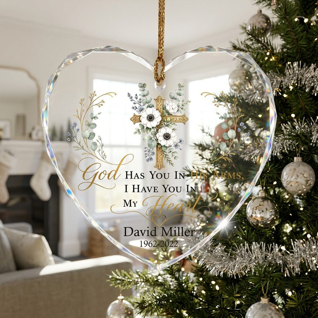 Personalized Botanical Gold Cross Memorial God Has You In His Arms Heart Glass Ornament
