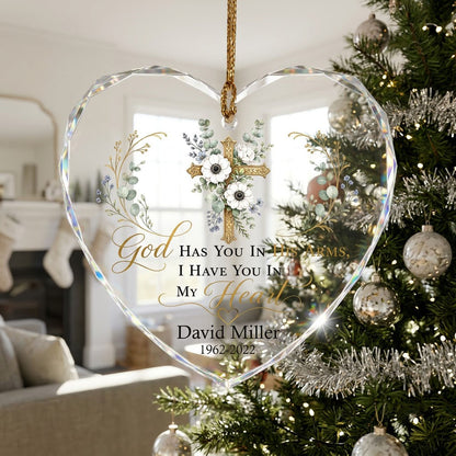 Personalized Botanical Gold Cross Memorial God Has You In His Arms Heart Glass Ornament