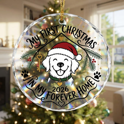 My First Christmas in My Forever Home Golden Puppy Round Glass Ornament