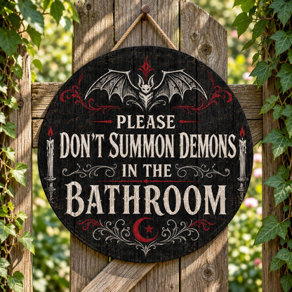 Round wooden sign with bat, filigree, candles and a crescent moon reading PLEASE DON'T SUMMON DEMONS IN THE BATHROOM.