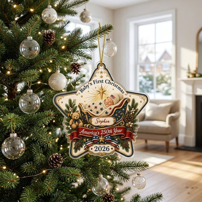 Personalized America 250th Baby's First Christmas Acrylic Ornament, Custom Patriotic Newborn Keepsake