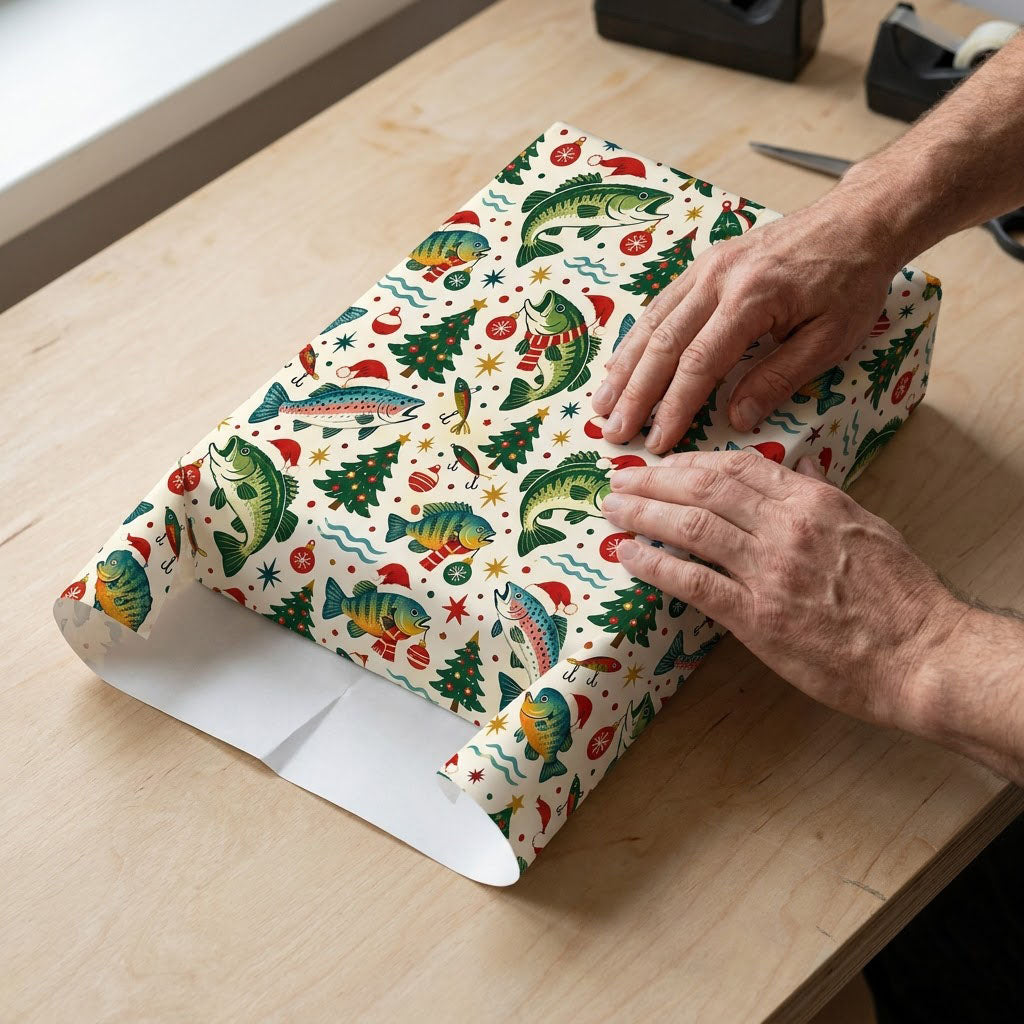 Wrapping paper with fish in Santa hats and scarves, trees, ornaments, lures, stars and blue wavy lines