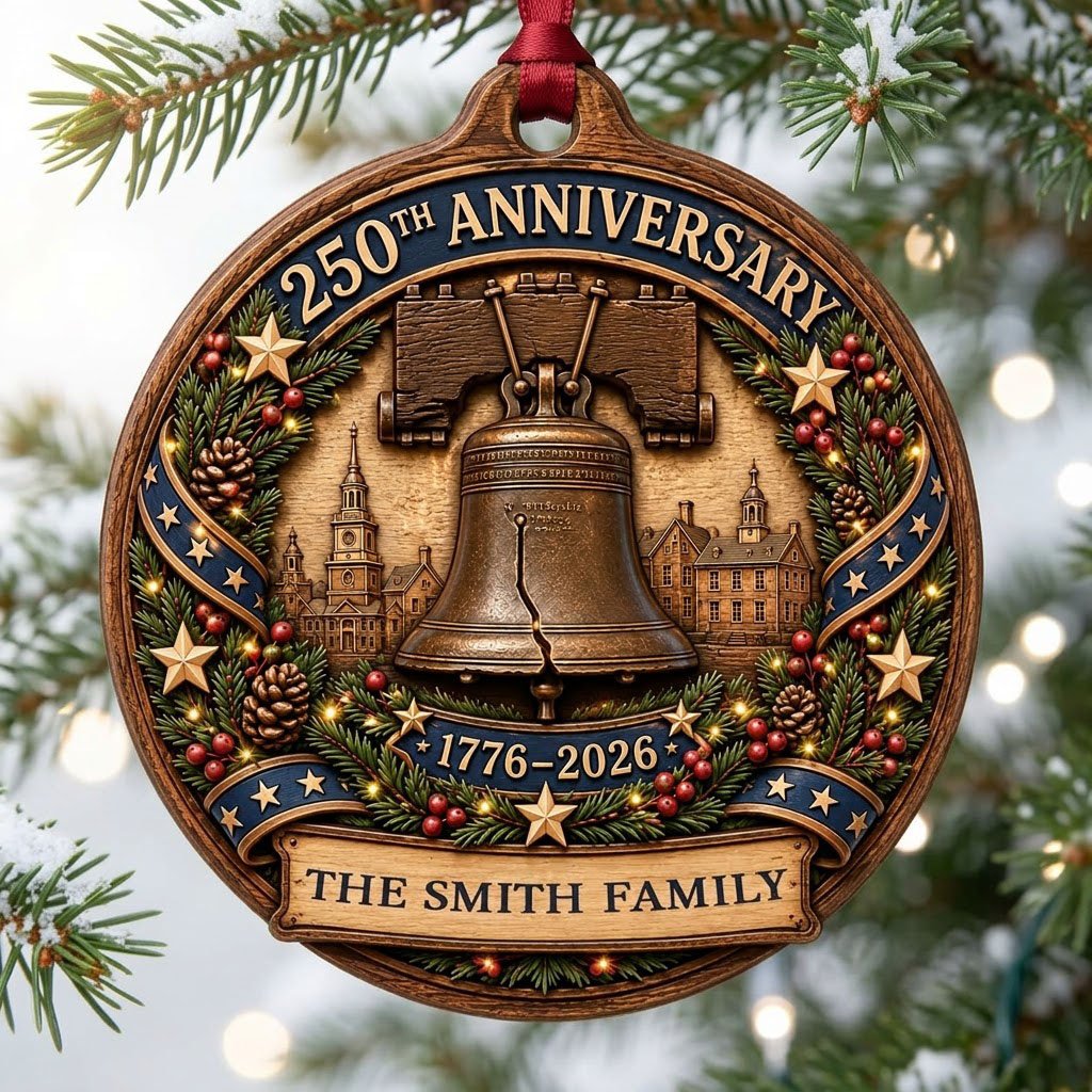 Round wood ornament with Liberty Bell, Independence Hall, pine wreath, gold stars, and a name banner.