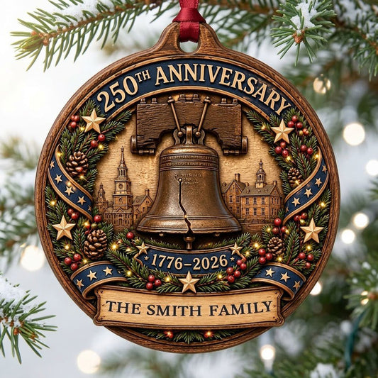 Round wood ornament with Liberty Bell, Independence Hall, pine wreath, gold stars, and a name banner.