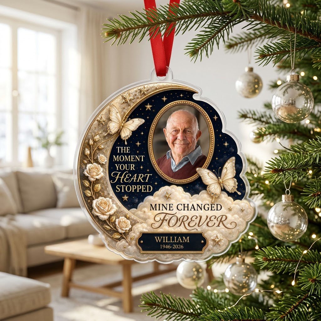 Personalized Golden Butterfly Crescent Moon Photo Memorial Acrylic Ornament
