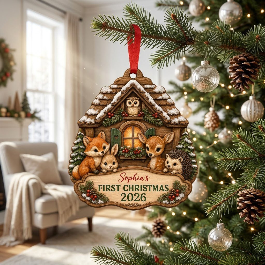 Personalized Woodland Cabin Baby's First Christmas Wood Ornament, Custom Keepsake