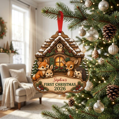 Personalized Woodland Cabin Baby's First Christmas Wood Ornament, Custom Keepsake