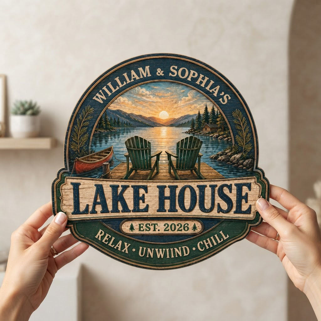 Personalized Lake House Sunset Wooden Hanging Sign