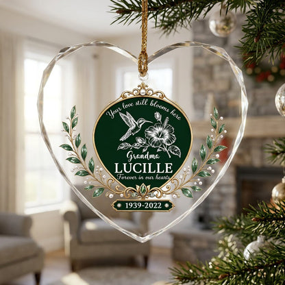 Personalized Hummingbird Memorial Your Love Still Blooms Here Emerald Heart Glass Ornament