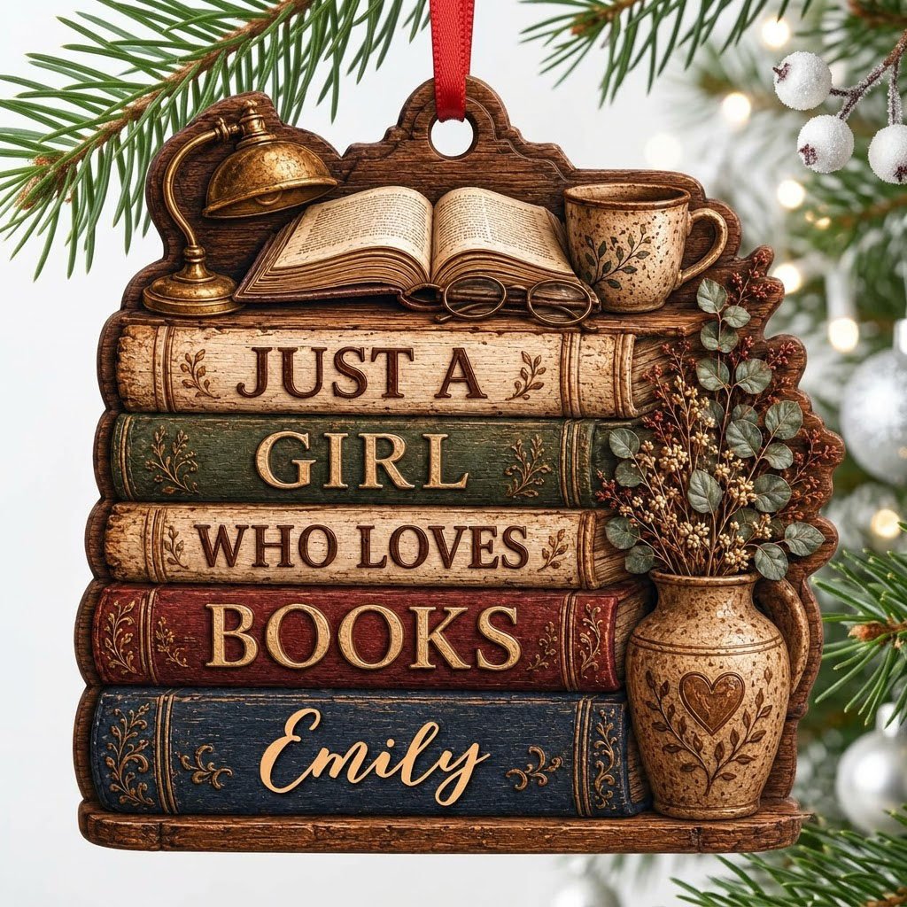 Bookshelf-shaped wood ornament with lamp, open book, teacup, vase, and Just a Girl Who Loves Books text.