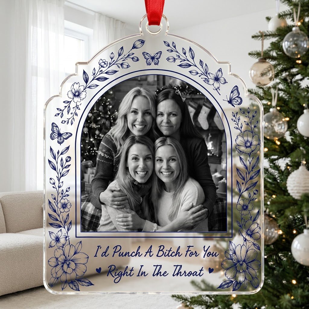 Clear acrylic arch ornament with navy floral border, butterflies, bold quote and a black-and-white friends photo.