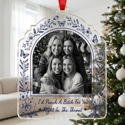 Clear acrylic arch ornament with navy floral border, butterflies, bold quote and a black-and-white friends photo.