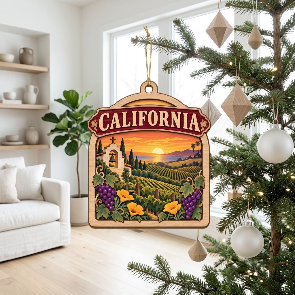 Wood ornament with red banner, California mission, vineyards, poppies, grapes, palms, mountains, and ocean sunset.