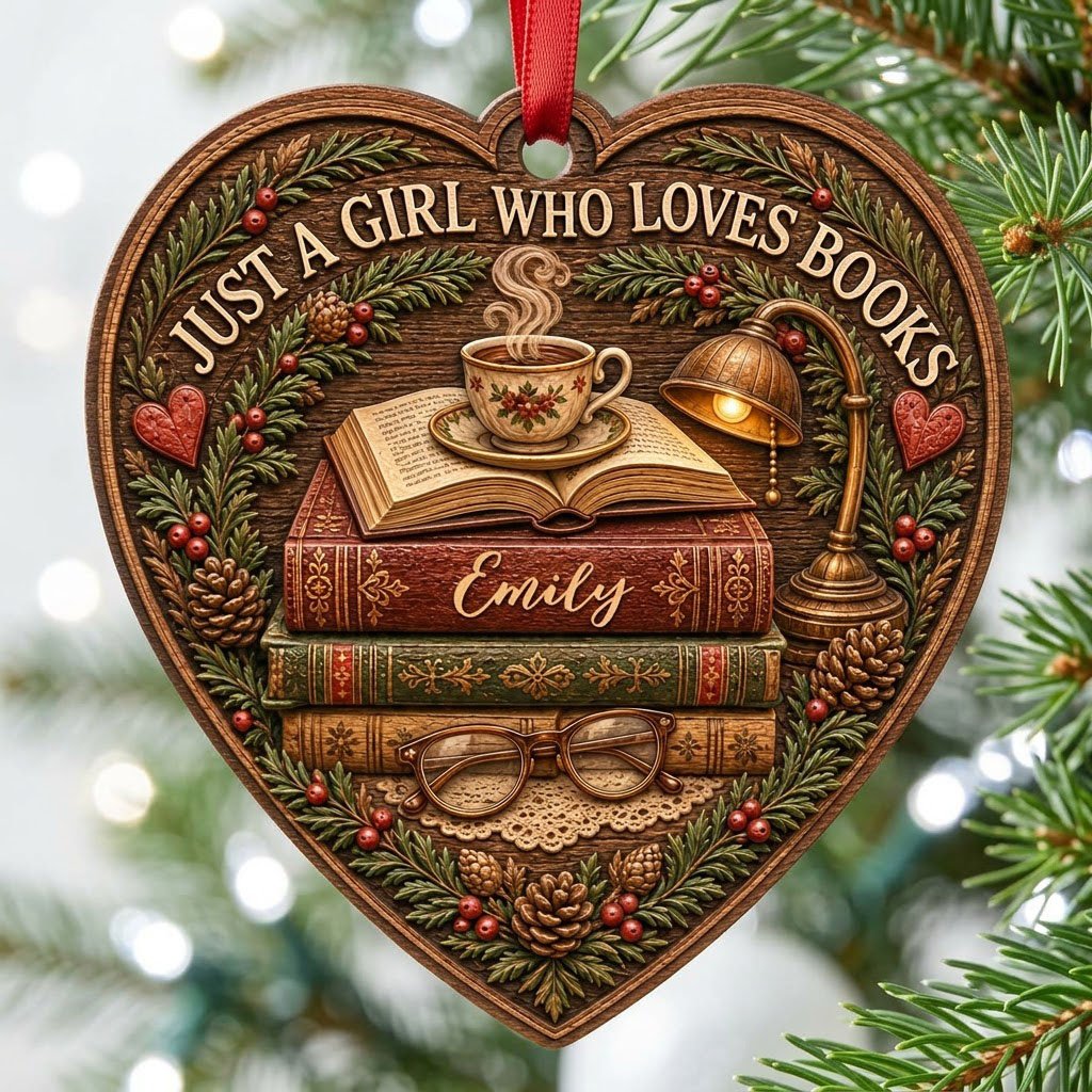 Heart-shaped wood ornament with books, open book and teacup, lamp, glasses, pine foliage, pinecones and hearts.