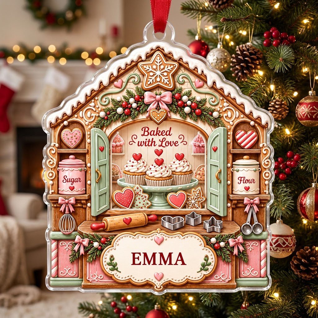 Custom-cut acrylic ornament shaped like a gingerbread house with baking tools, cupcakes, and a name banner.