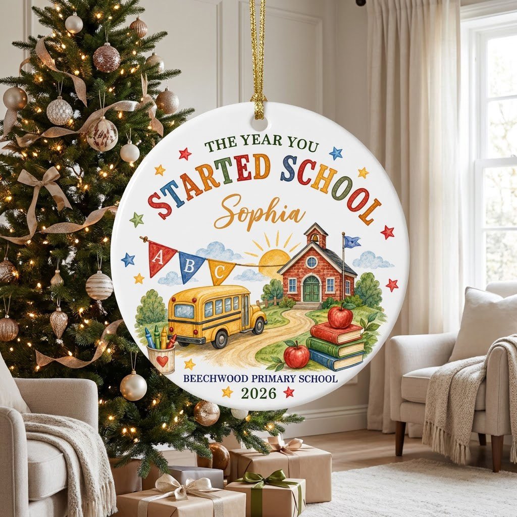 Round ceramic ornament with watercolor school bus, red brick schoolhouse, ABC bunting, books, apples, and colorful stars