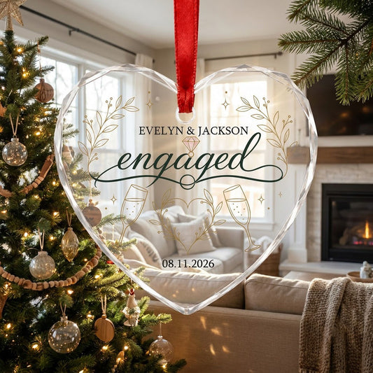 Personalized Engaged Champagne Toast Heart Glass Ornament