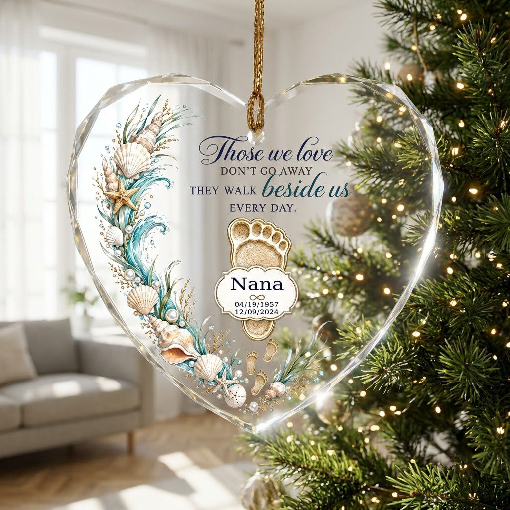 Personalized Beach Footprint Frame Memorial Those We Love Beside Us Heart Glass Ornament