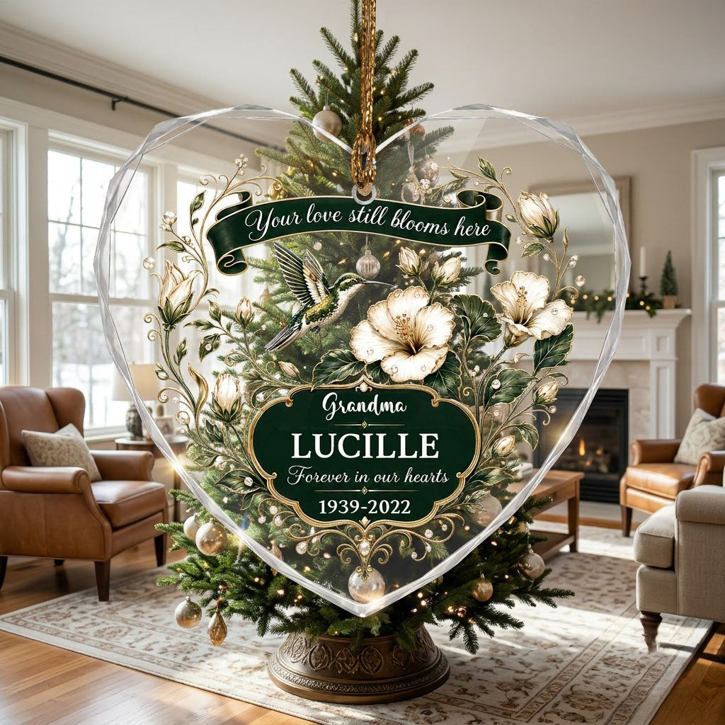 Personalized Hummingbird Memorial Your Love Still Blooms Here Emerald Banner Heart Glass Ornament