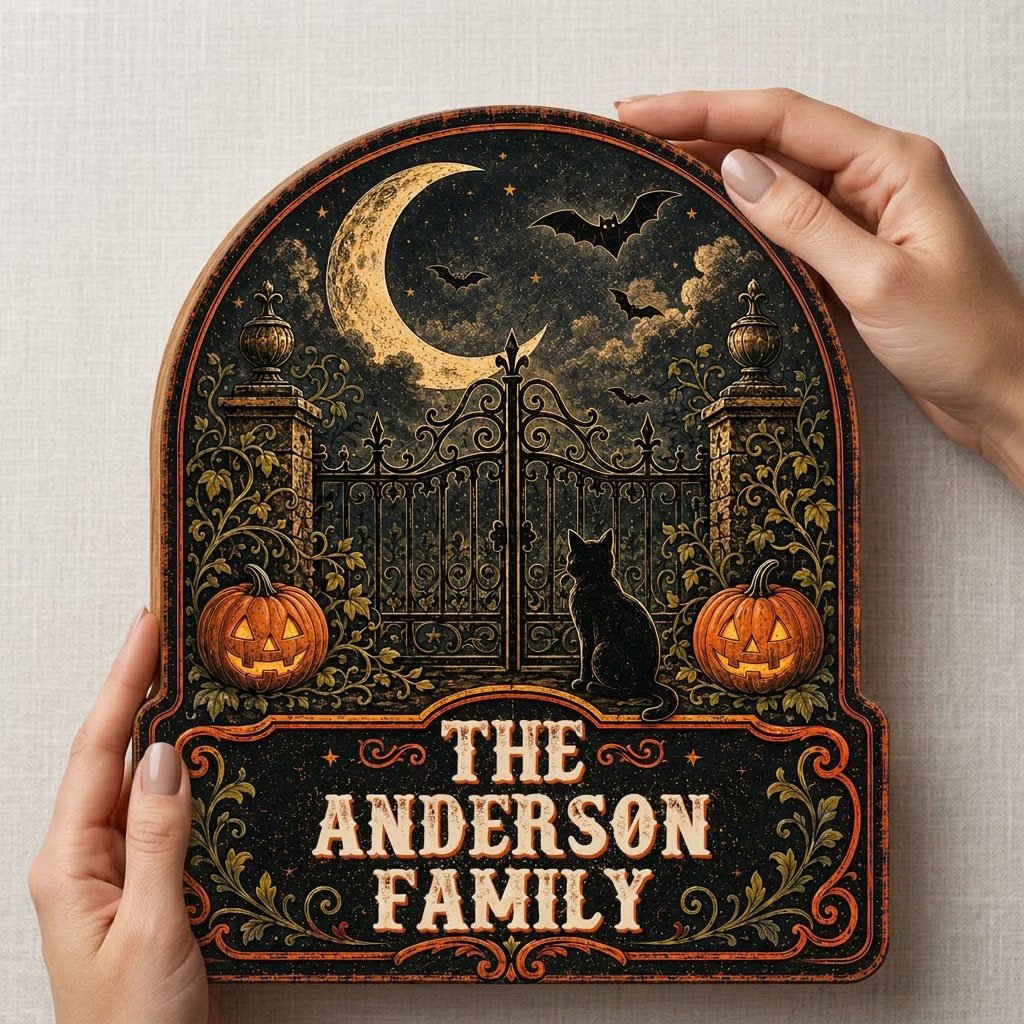 Arched wooden sign with crescent moon, bats, wrought-iron gate, black cat and jack-o'-lanterns with family name.