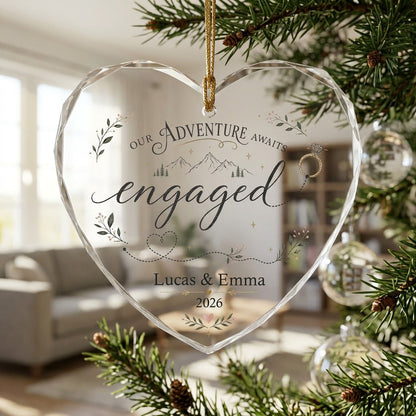 Personalized Our Adventure Awaits Engaged Mountain Heart Glass Ornament