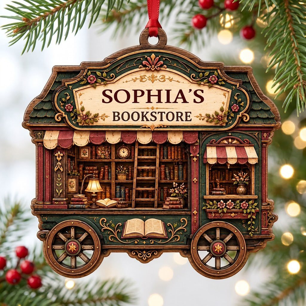 Custom-cut wood ornament shaped like a vintage bookstore wagon with books, ladder, and striped awnings.