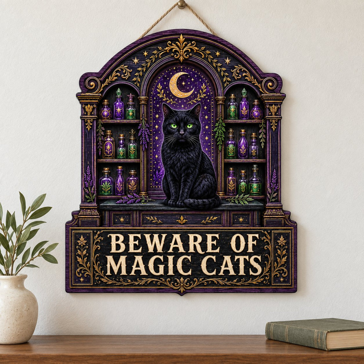 Arched wooden sign with a black cat, crescent moon, night sky, and potion shelves reading Beware of Magic Cats.