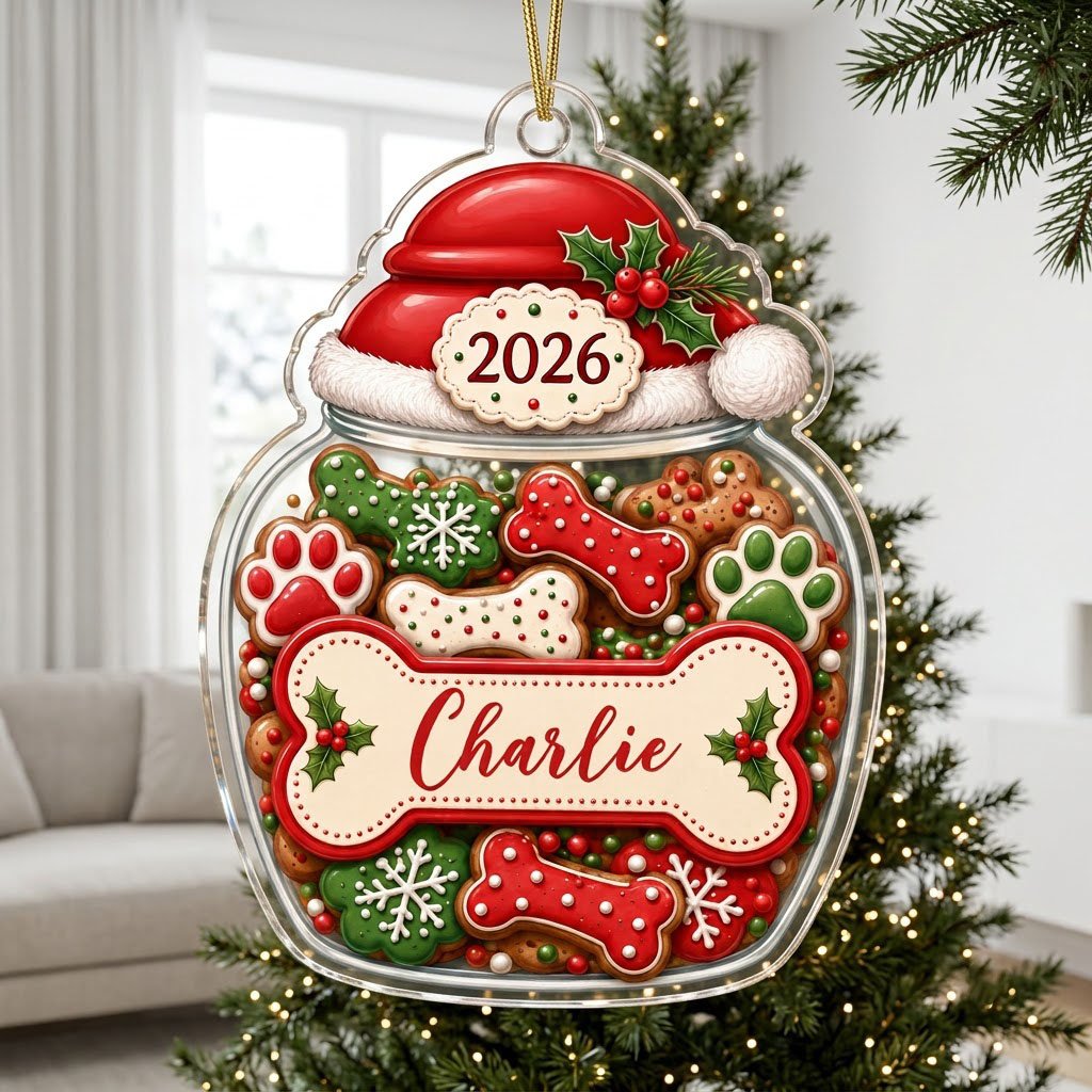 Custom-cut acrylic ornament shaped like a cookie jar with Santa hat, dog bone name plaque, and 2026 year badge.