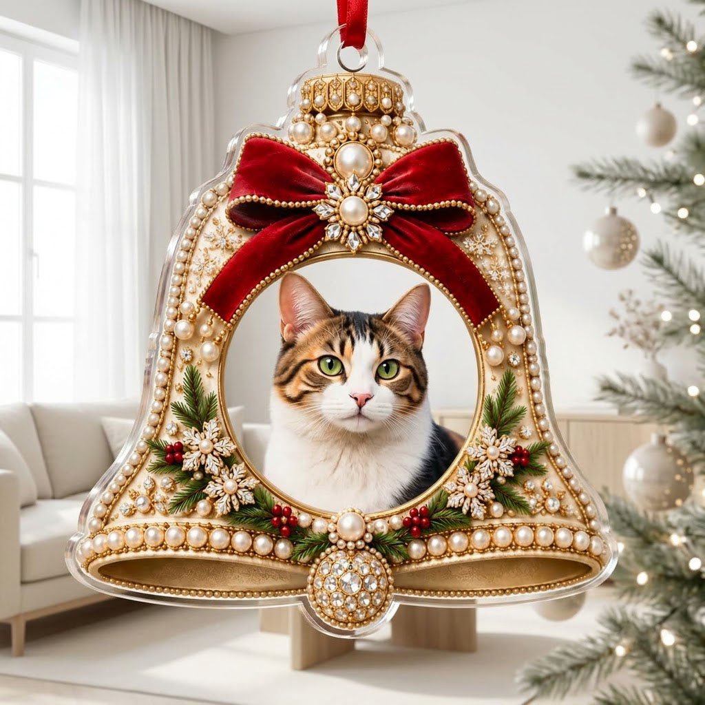 Bell-shaped acrylic ornament with red velvet bow, pearl and gold accents, and a central circular photo frame.