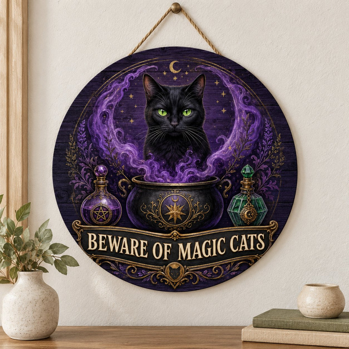 Round wooden sign with a black cat in purple smoke rising from a cauldron and the text BEWARE OF MAGIC CATS.
