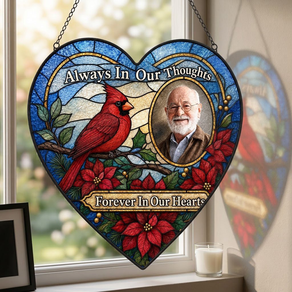 Heart stained glass suncatcher with red cardinal, oval memorial photo frame, and red poinsettias with green leaves.