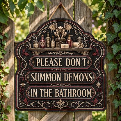 Ornate arched wooden sign with a gargoyle shelf and the message Please Don't Summon Demons in the Bathroom.
