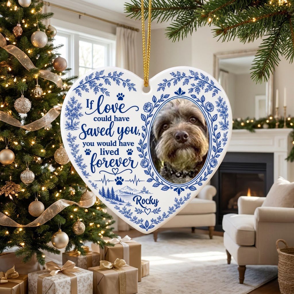 White heart ceramic ornament with blue dog photo frame wreath, memorial quote, paw heartbeat, and a mountain lake scene.