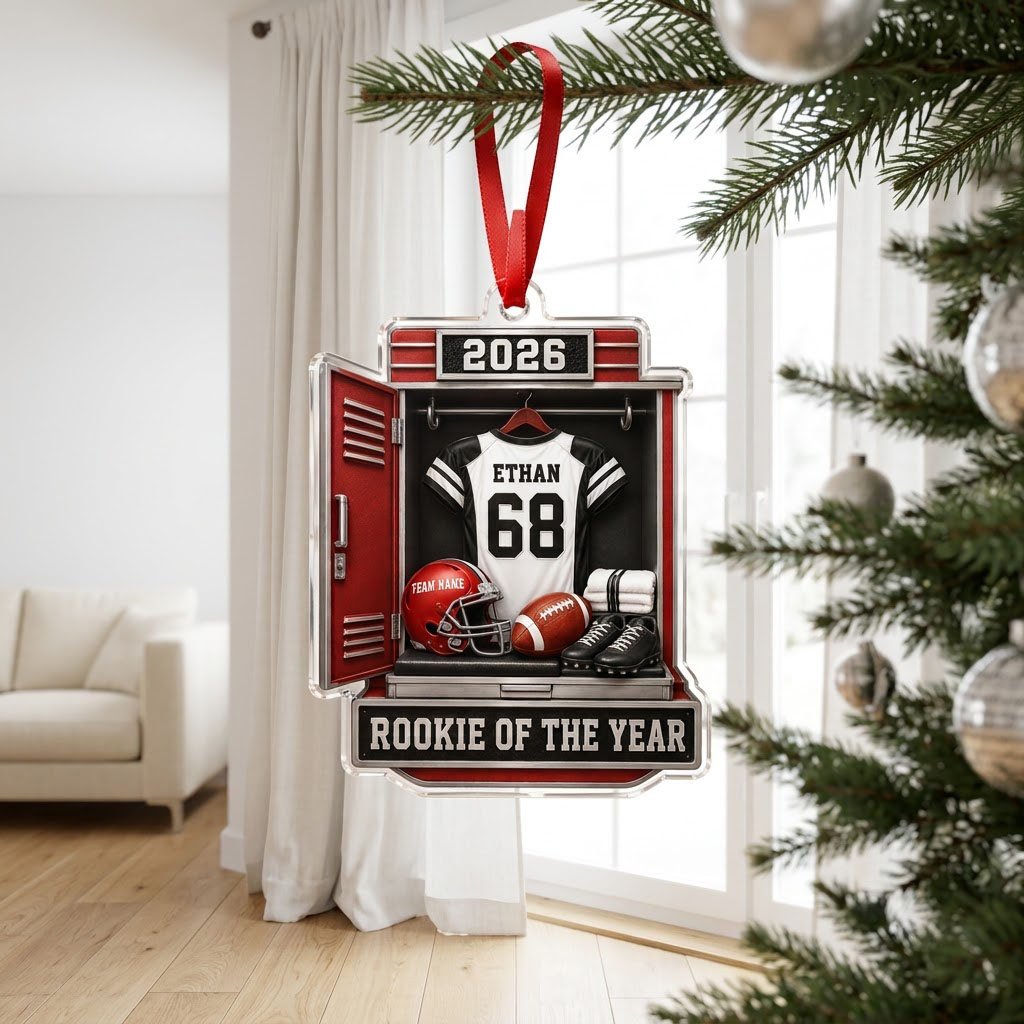 Acrylic ornament shaped like a football locker with jersey, red helmet, ball, towels and ROOKIE OF THE YEAR banner.