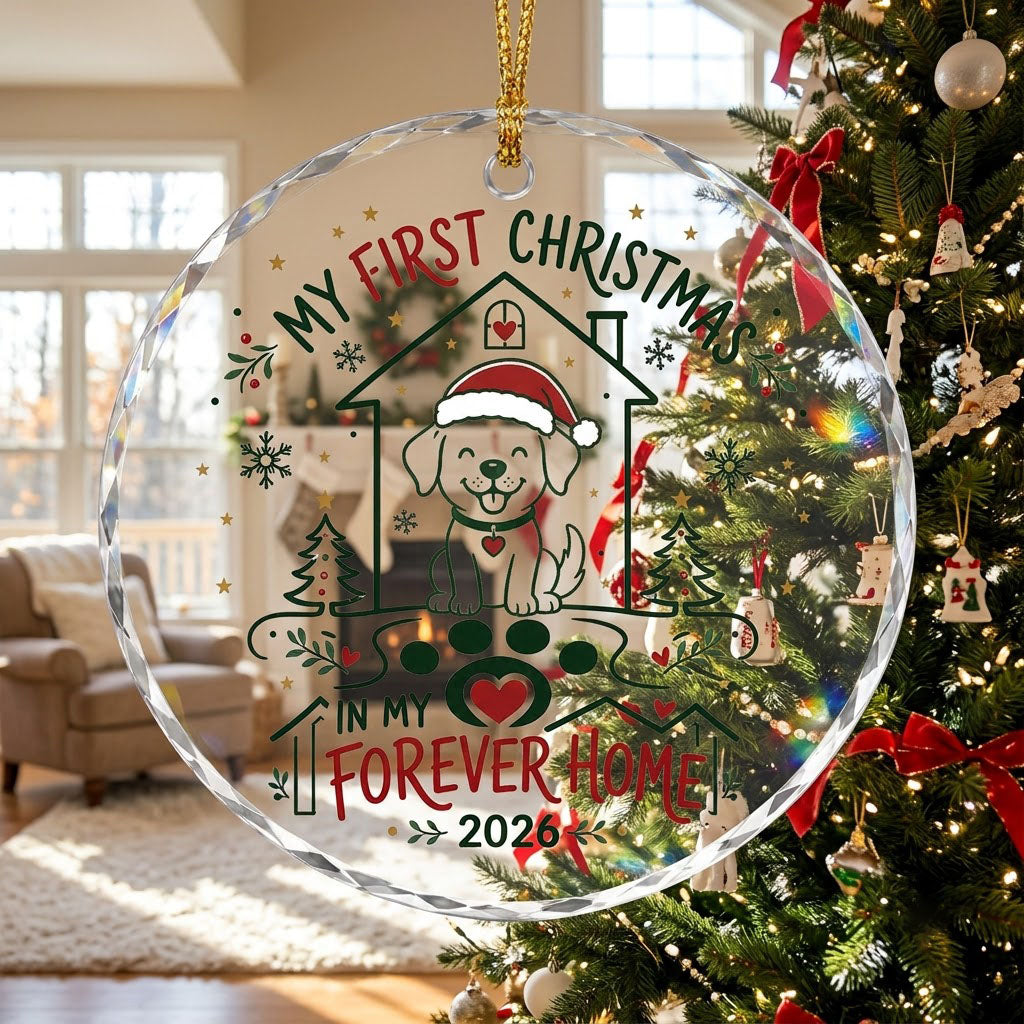 My First Christmas in My Forever Home Sitting Puppy Round Glass Ornament