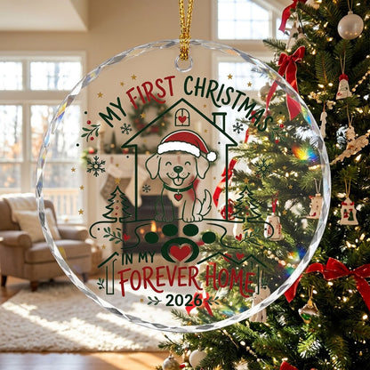 My First Christmas in My Forever Home Sitting Puppy Round Glass Ornament