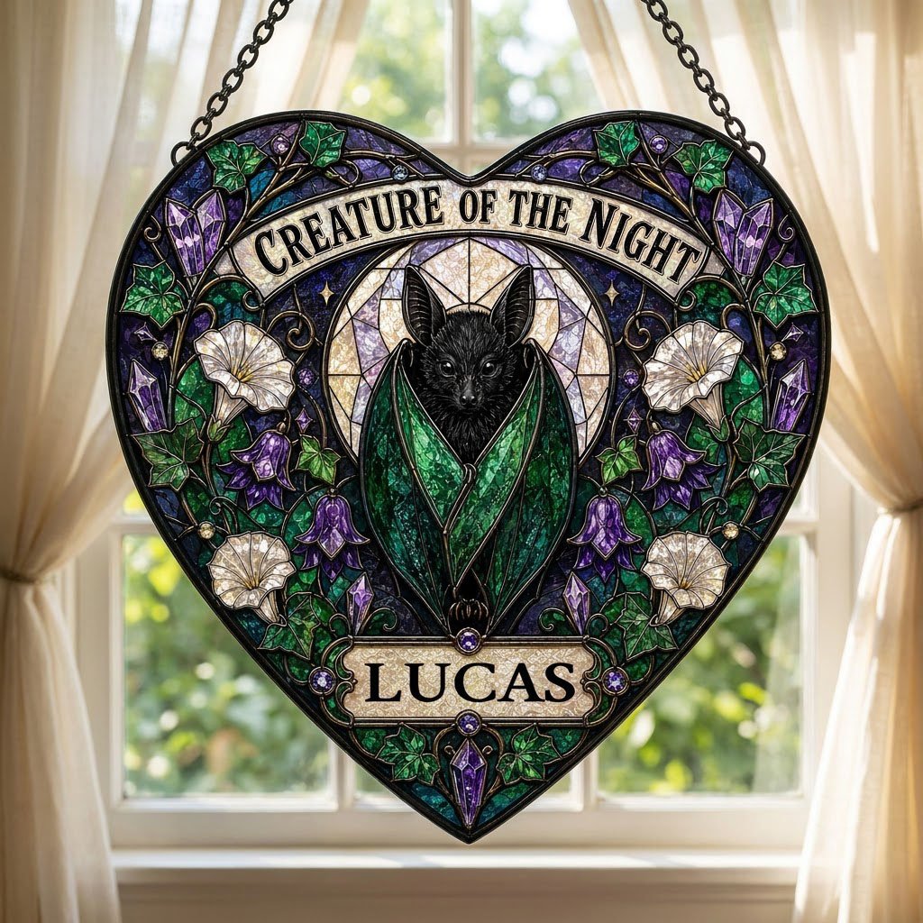 Heart stained glass suncatcher with a black bat over a moon, ivy, white morning glory flowers, purple bellflowers, and c