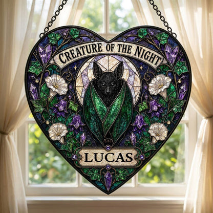 Heart stained glass suncatcher with a black bat over a moon, ivy, white morning glory flowers, purple bellflowers, and c