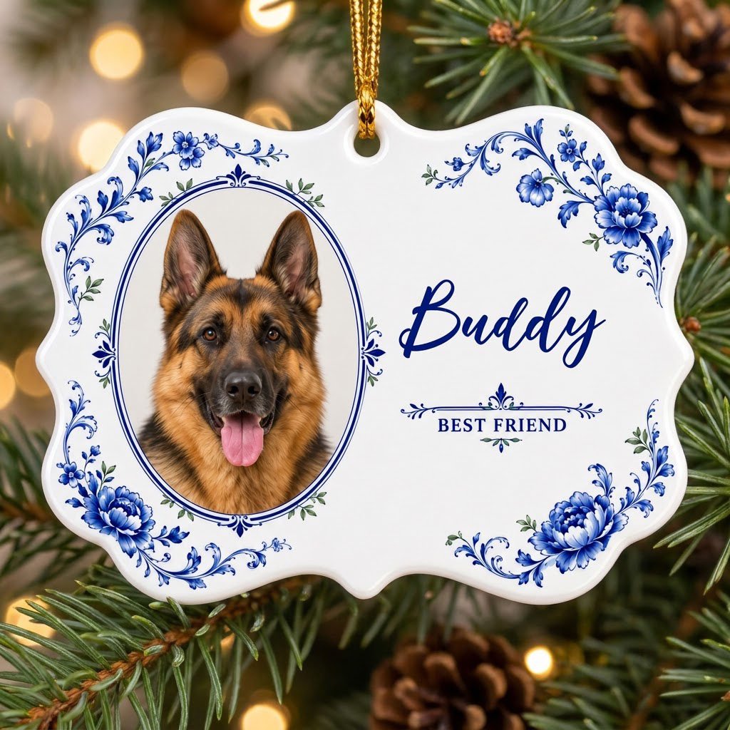 Ornate scalloped ceramic medallion ornament with blue Delft floral frame, custom dog photo, and 'BEST FRIEND' text