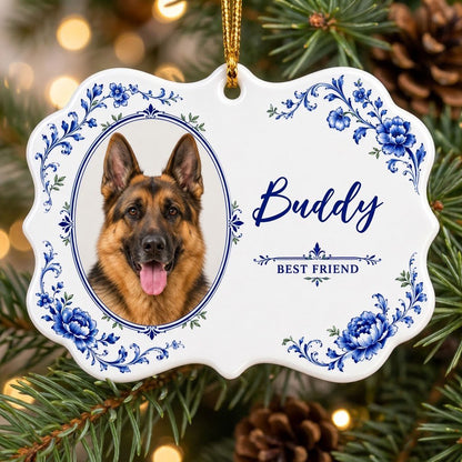 Ornate scalloped ceramic medallion ornament with blue Delft floral frame, custom dog photo, and 'BEST FRIEND' text