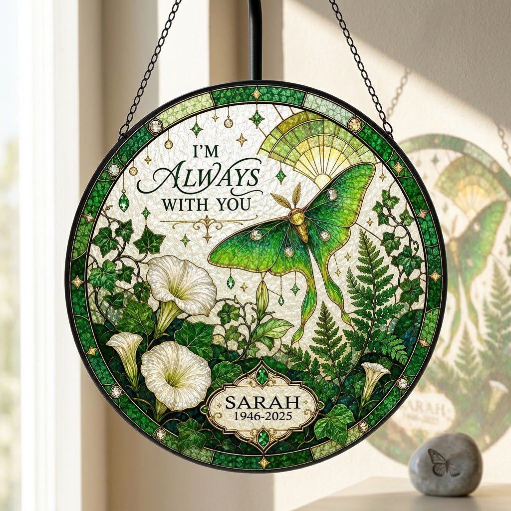 Personalized Luna Moth Memorial I'm Always With You Botanical Stained Glass Round Suncatcher
