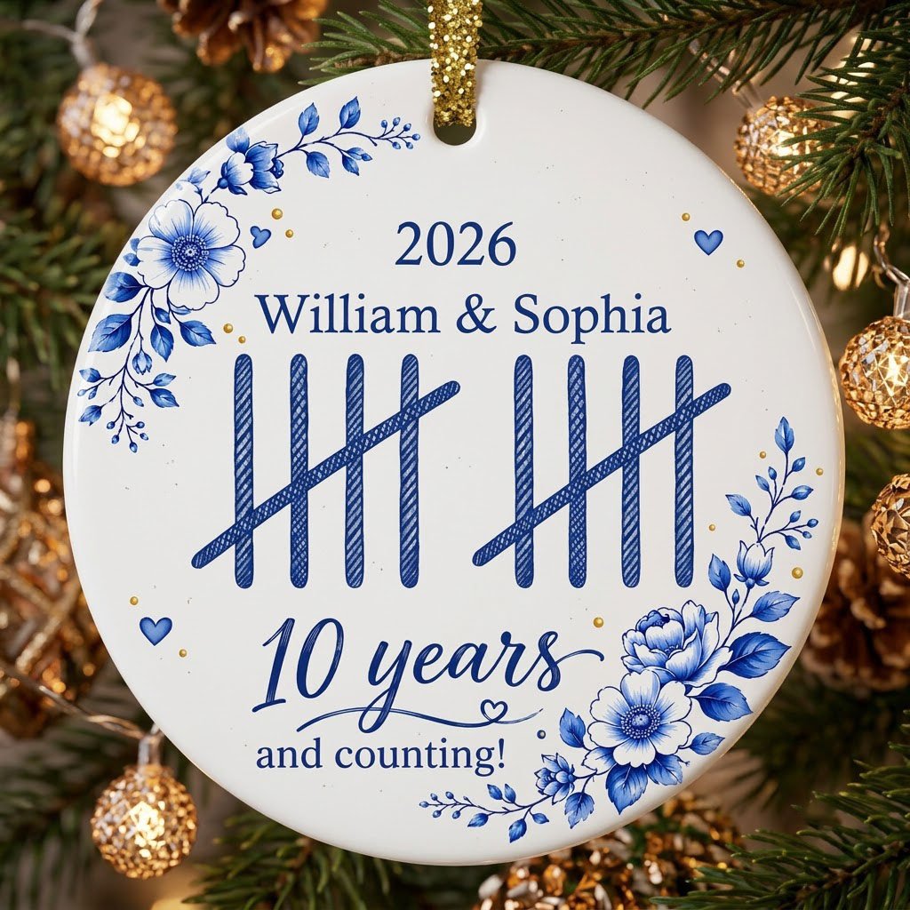 White round ceramic ornament with blue florals, tally marks, and 'years and counting!' plus names and year