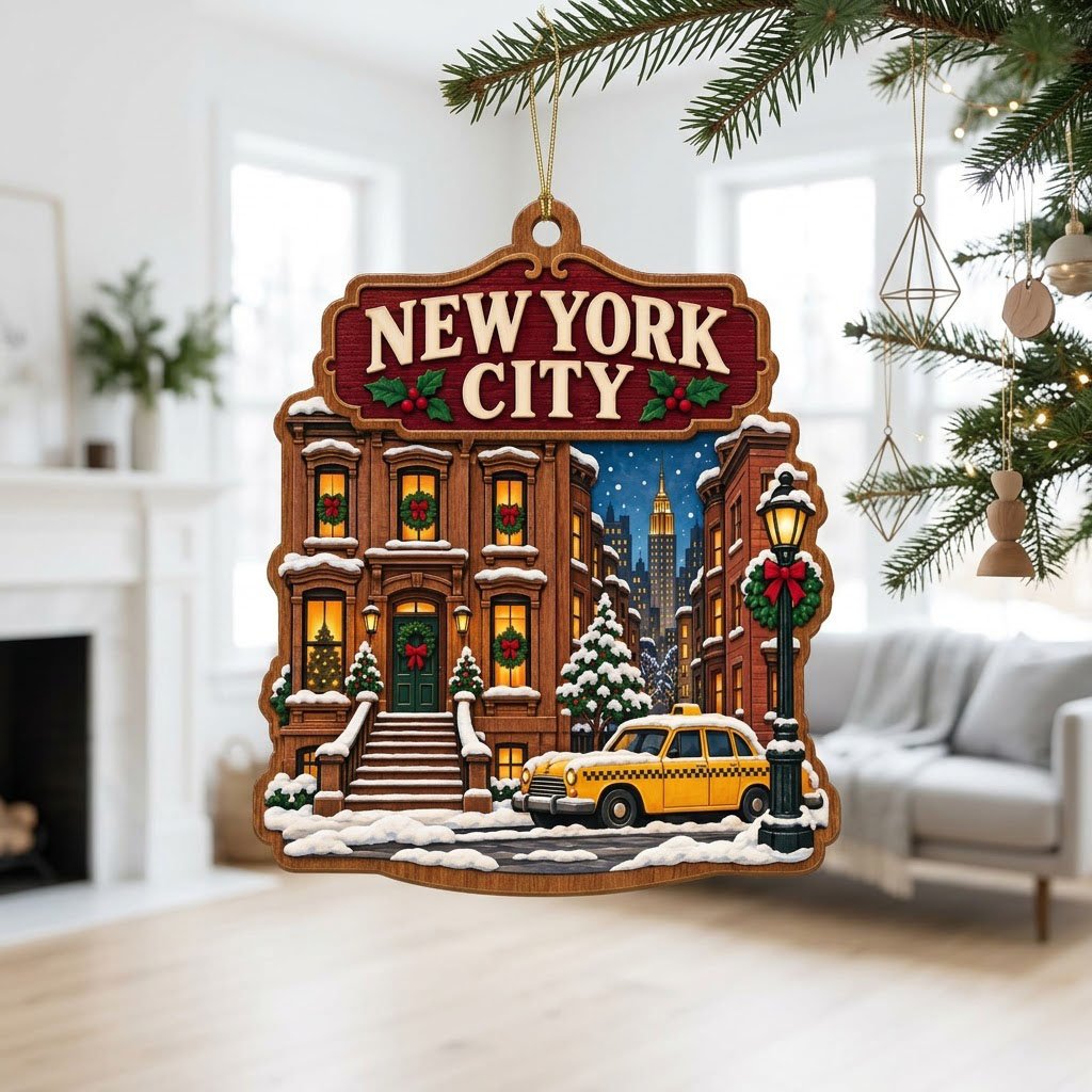 Custom-cut wood ornament with New York City brownstone, yellow taxi, street lamp, and snowy skyline with the Empire Stat
