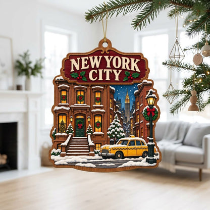 Custom-cut wood ornament with New York City brownstone, yellow taxi, street lamp, and snowy skyline with the Empire Stat