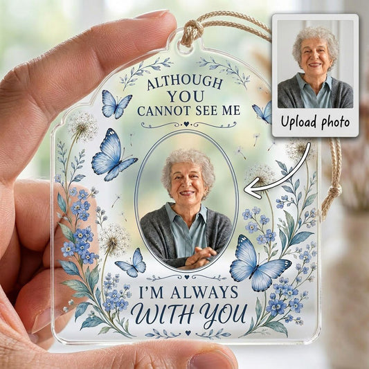 Personalized Blue Butterfly Floral Photo Memorial Acrylic Ornament