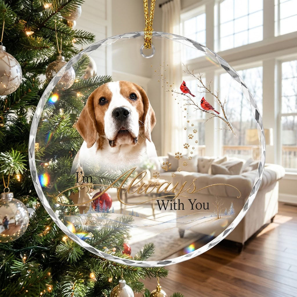 Personalized Dog Memorial Photo I'm Always With You Winter Cardinal Round Glass Ornament
